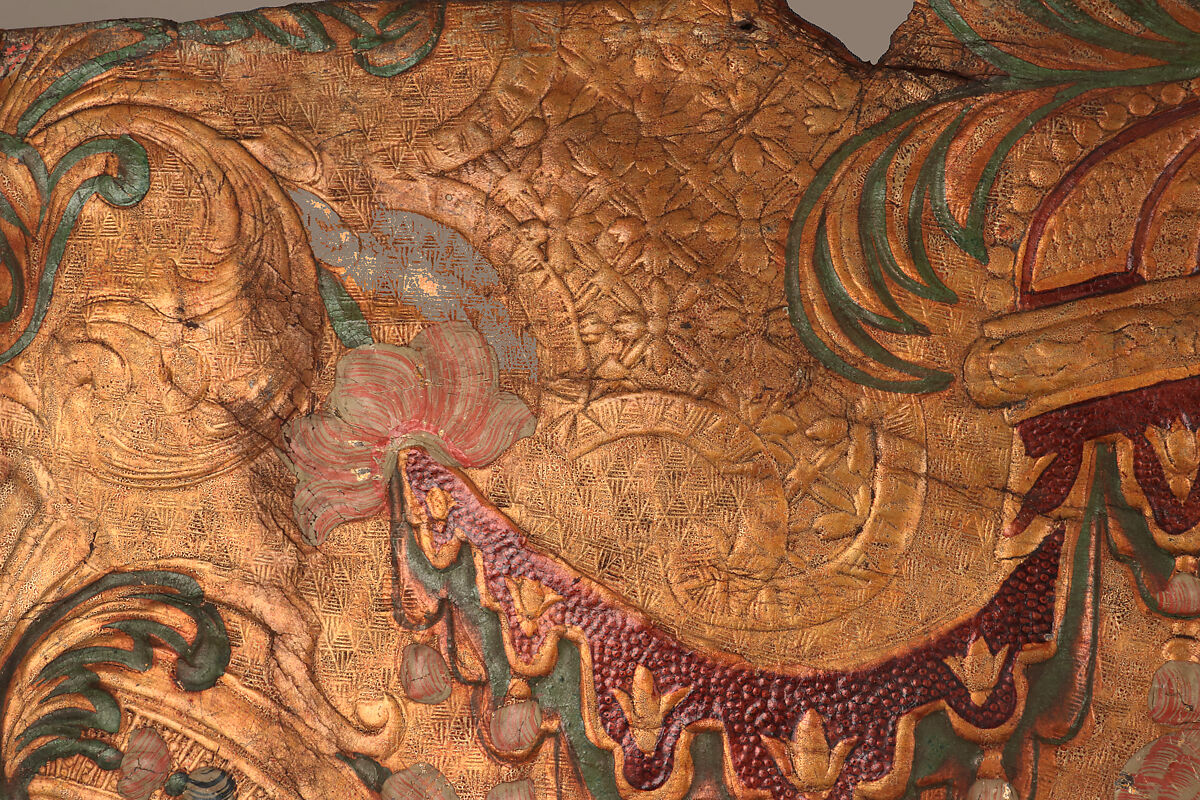 Wall hanging fragment, After a composition by Daniel Marot the Elder (French, Paris 1661–1752 The Hague), Leather, embossed, "gilded", and polychromed, Northern Dutch