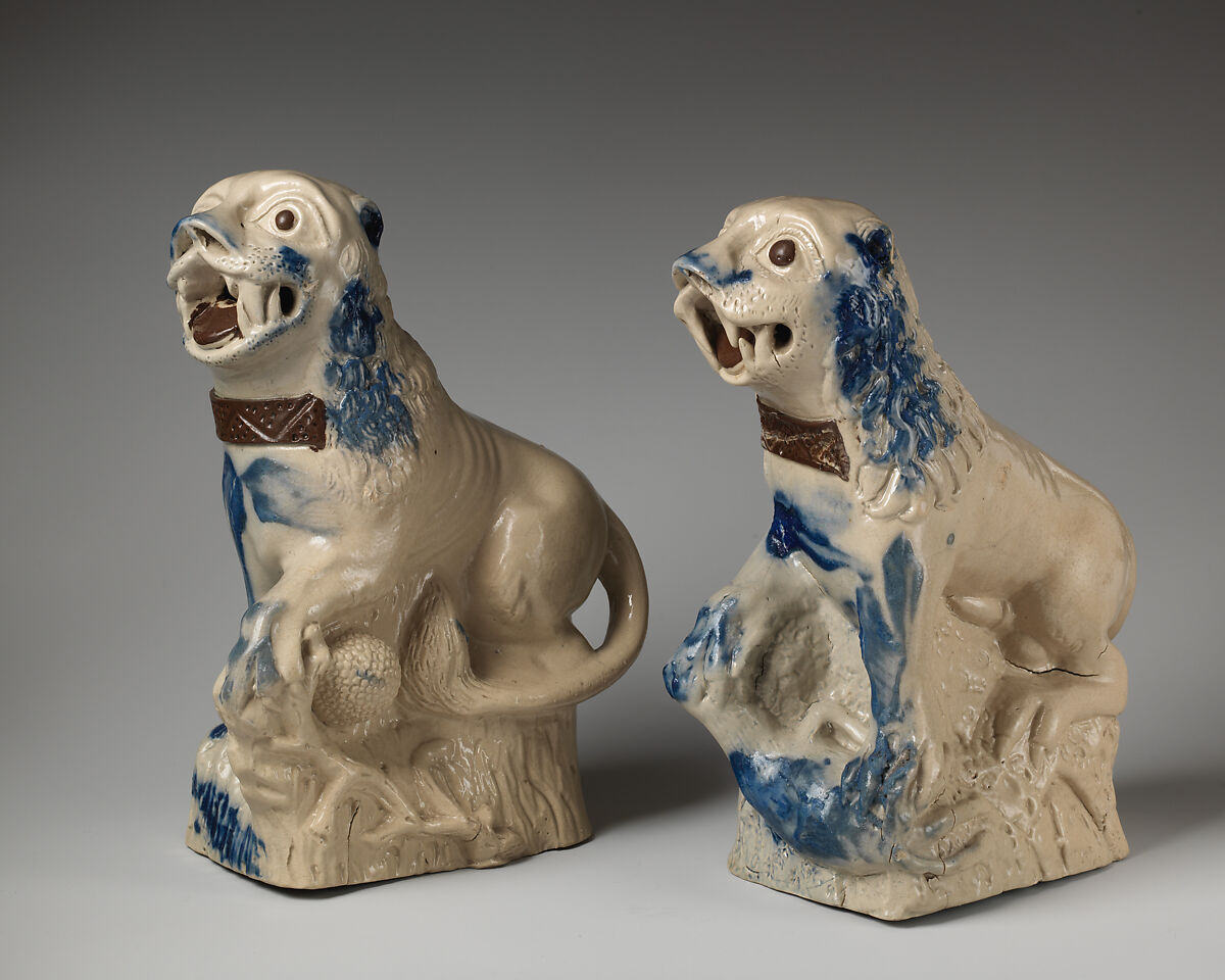 Pair of Chinese dogs of Foo, Salt-glazed stoneware, British, Staffordshire