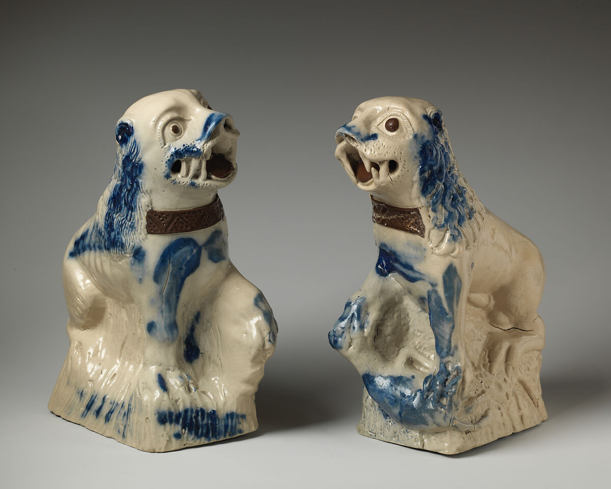 Pair of Chinese dogs of Foo, Salt-glazed stoneware, British, Staffordshire 