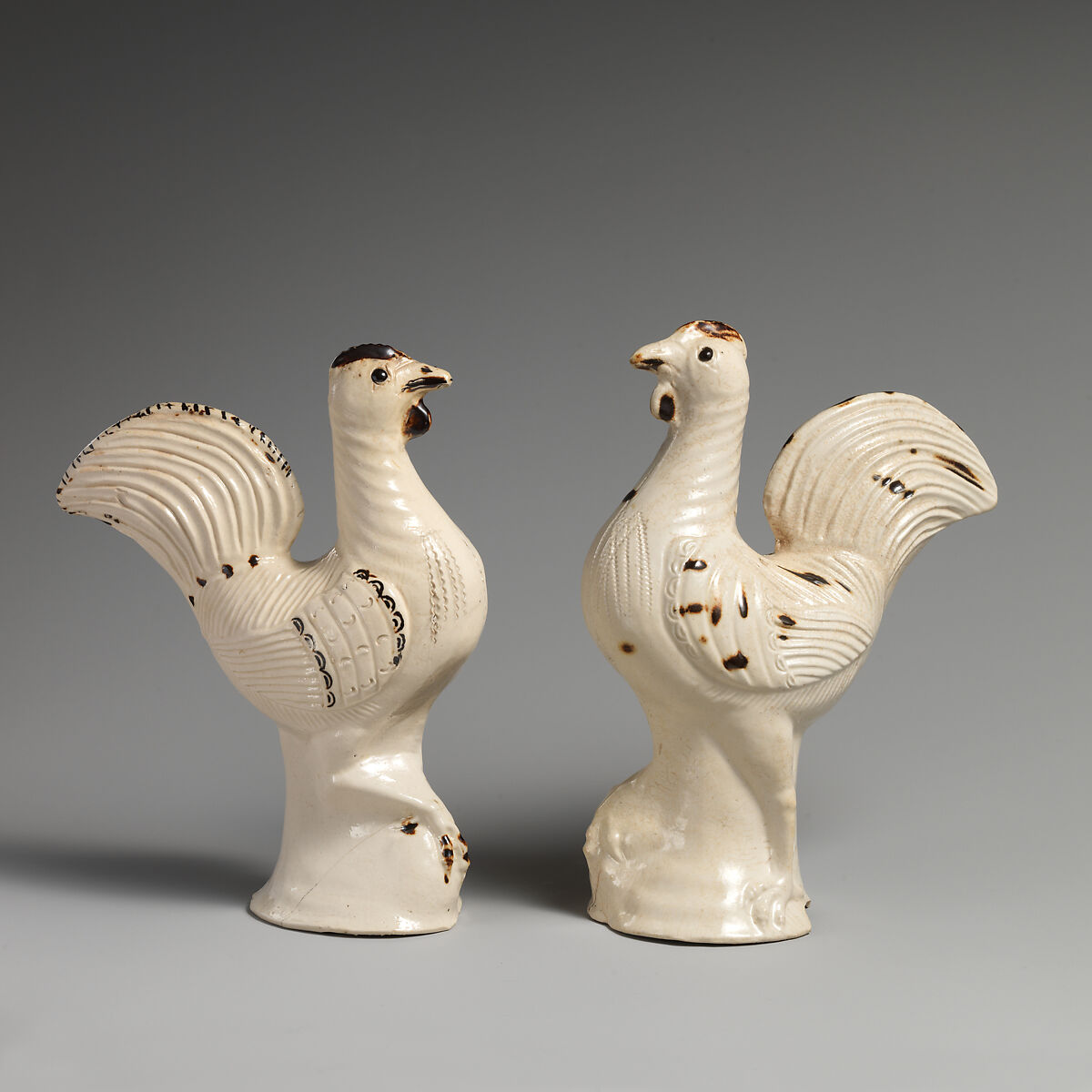 Pair of game cocks, Salt-glazed stoneware, British, Staffordshire 