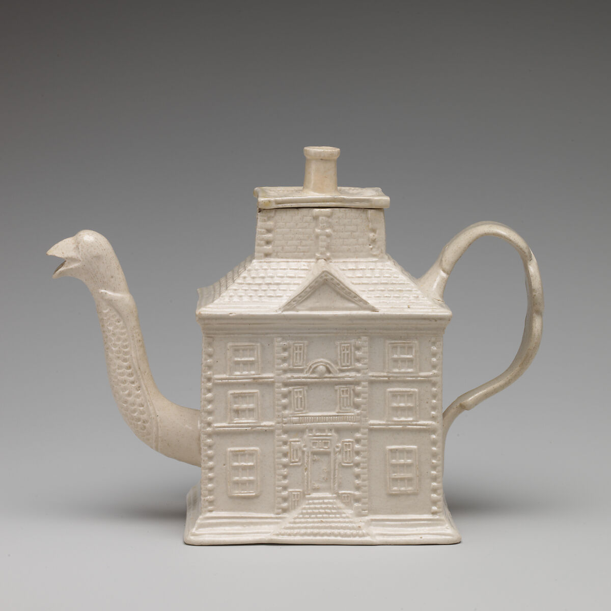 Teapot in the form of a house, Salt-glazed stoneware, British, Staffordshire 