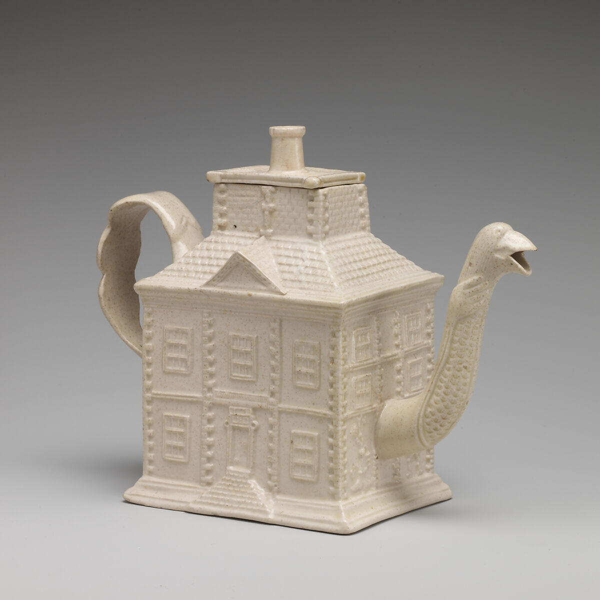 Teapot in the form of a house, Salt-glazed stoneware, British, Staffordshire