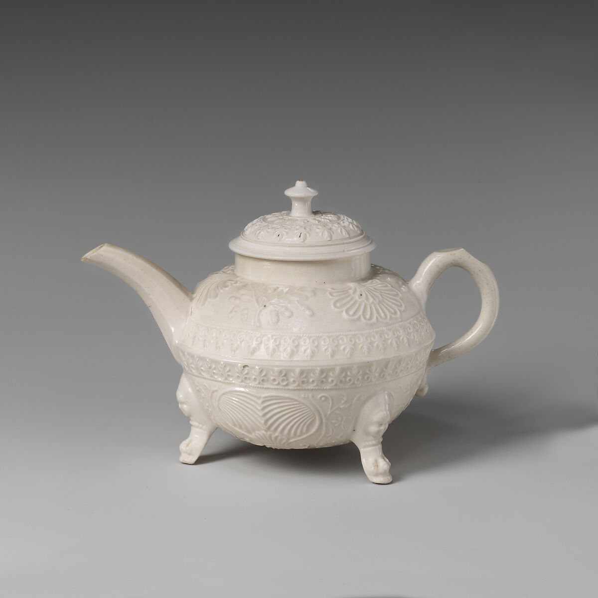 Footed teapot, Salt-glazed stoneware, British, Staffordshire 