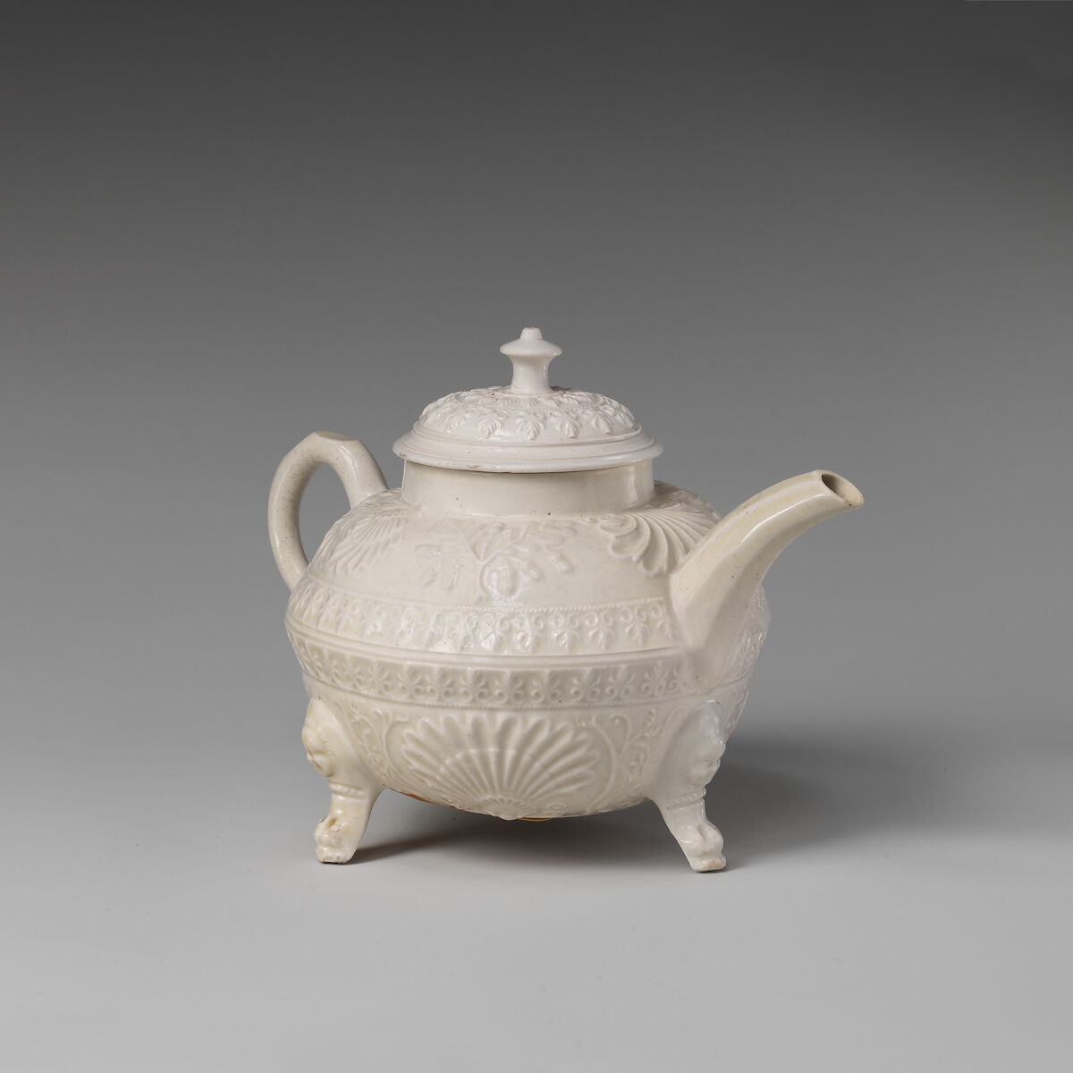 Footed teapot, Salt-glazed stoneware, British, Staffordshire