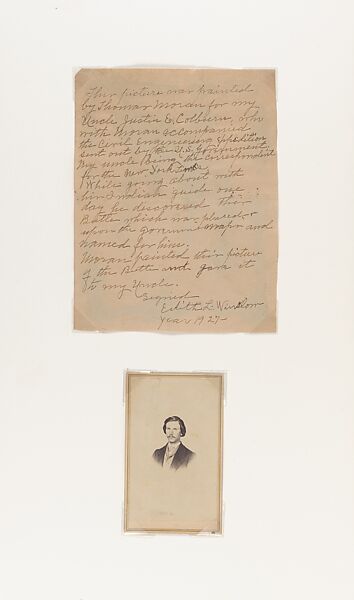Statement, Thomas Moran (American (born England), Bolton, Lancashire 1837–1926 Santa Barbara, California), Testimonial: graphite on paper; Photograph on paper, mounted on paper backing printed with brown double-line border., American 