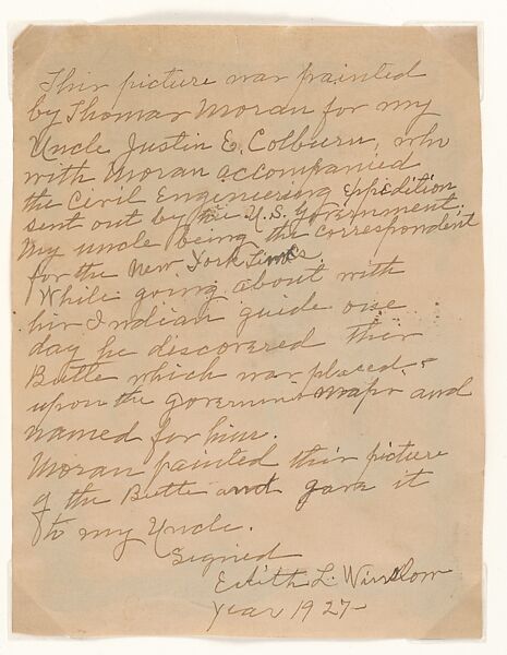 Statement, Thomas Moran (American (born England), Bolton, Lancashire 1837–1926 Santa Barbara, California), Testimonial: graphite on paper; Photograph on paper, mounted on paper backing printed with brown double-line border., American