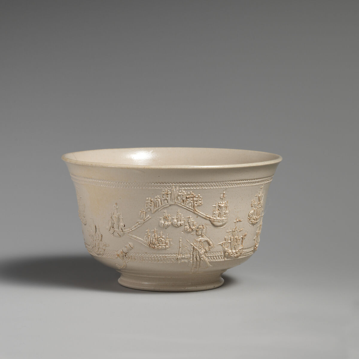 Bowl with Admiral Edward Vernon (1684–1757) and the capture of Porto Bello, Salt-glazed stoneware, British, Staffordshire 