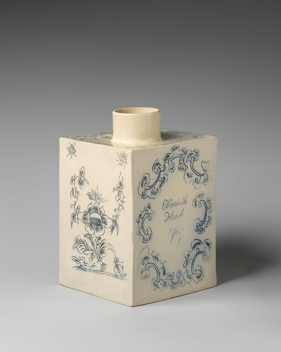 Tea caddy incised with “Elizabeth Floud 1767”, Salt-glazed stoneware with underglaze “scratch blue” decoration, British, Staffordshire 