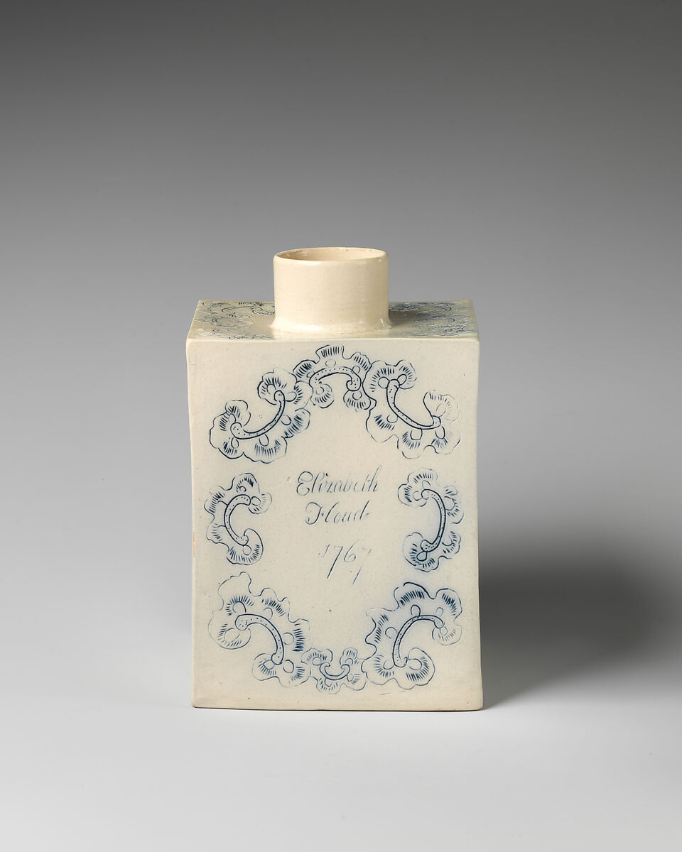 Tea caddy incised with “Elizabeth Floud 1767”, Salt-glazed stoneware with underglaze “scratch blue” decoration, British, Staffordshire