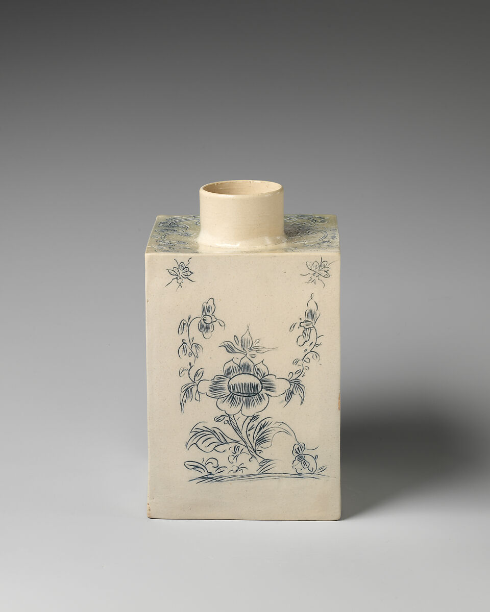 Tea caddy incised with “Elizabeth Floud 1767”, Salt-glazed stoneware with underglaze “scratch blue” decoration, British, Staffordshire