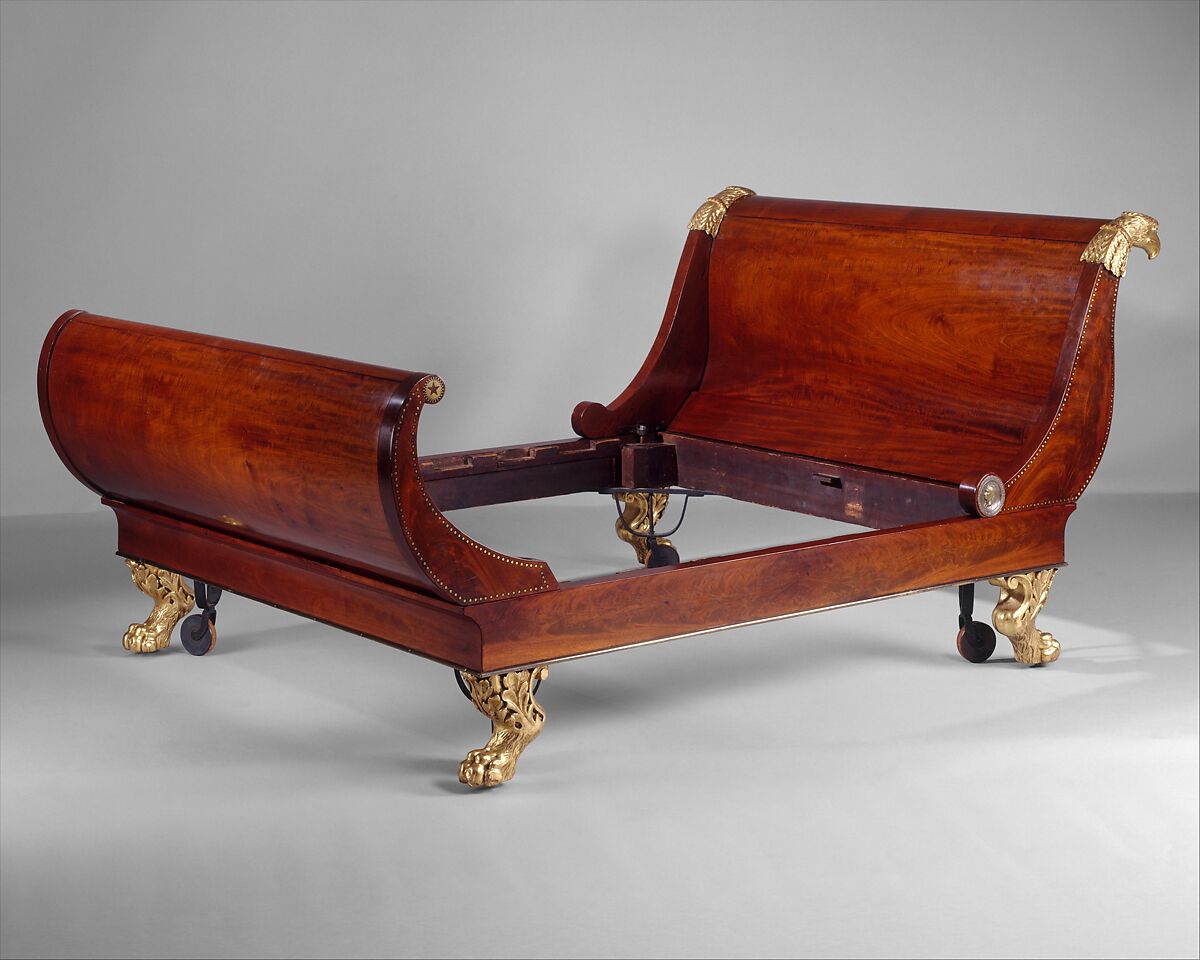 Bedstead, Charles-Honoré Lannuier (France 1779–1819 New York), Mahogany, ebony and rosewood (secondary woods: ash and yellow poplar), gilded gesso, die-cut and stamped brass, and iron 