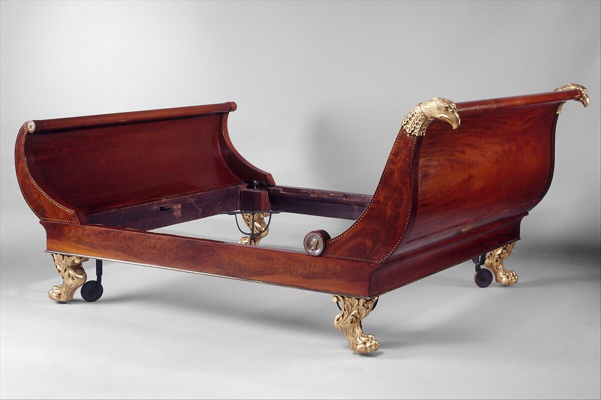 Bedstead, Charles-Honoré Lannuier (France 1779–1819 New York), Mahogany, ebony and rosewood (secondary woods: ash and yellow poplar), gilded gesso, die-cut and stamped brass, and iron