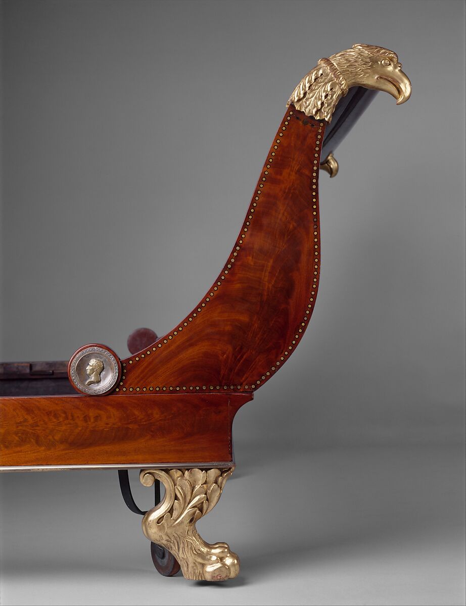 Bedstead, Charles-Honoré Lannuier (France 1779–1819 New York), Mahogany, ebony and rosewood (secondary woods: ash and yellow poplar), gilded gesso, die-cut and stamped brass, and iron