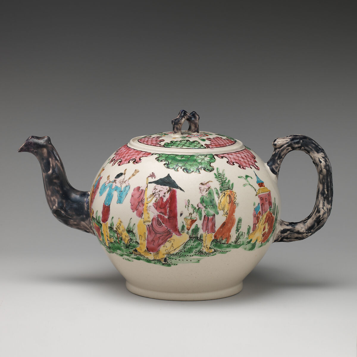 Punch pot, Salt-glazed stoneware with enamel decoration, British, Staffordshire 