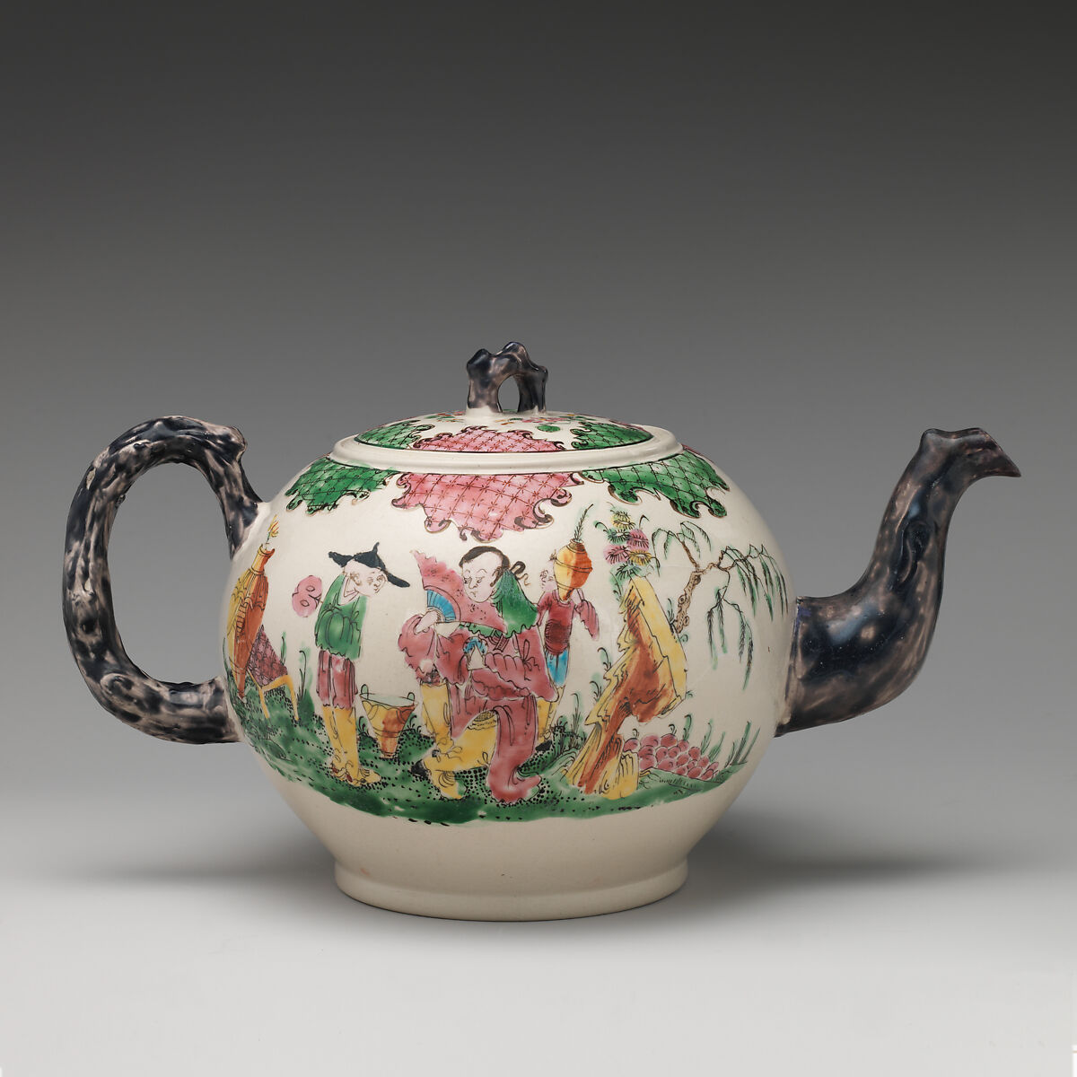 Punch pot, Salt-glazed stoneware with enamel decoration, British, Staffordshire
