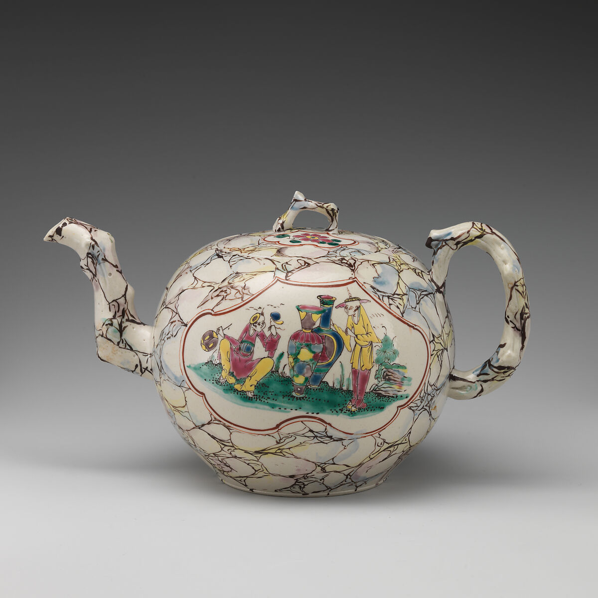 Teapot, Salt-glazed stoneware with enamel decoration, British, Staffordshire 