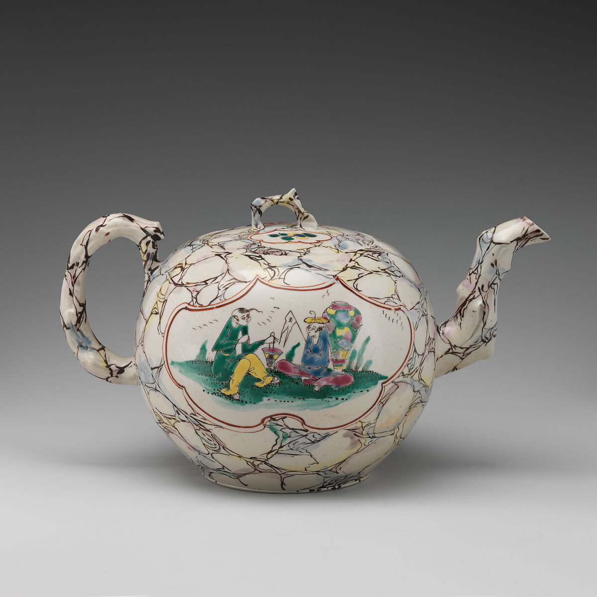 Teapot, Salt-glazed stoneware with enamel decoration, British, Staffordshire