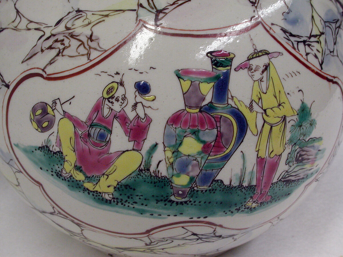 Teapot, Salt-glazed stoneware with enamel decoration, British, Staffordshire