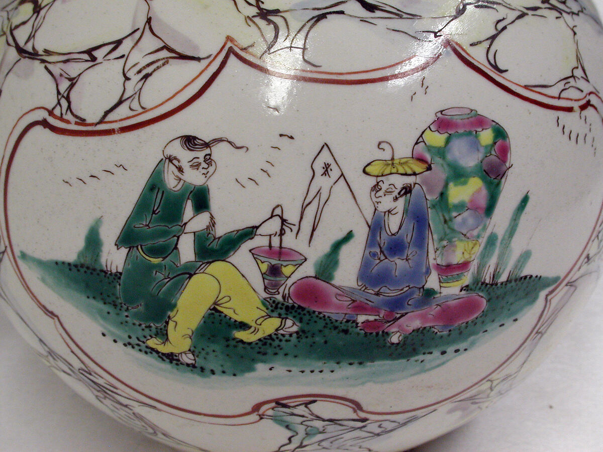 Teapot, Salt-glazed stoneware with enamel decoration, British, Staffordshire