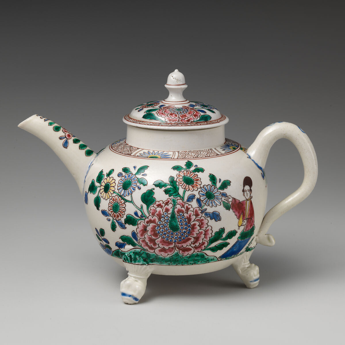 Footed teapot, Salt-glazed stoneware with enamel decoration, British, Staffordshire 