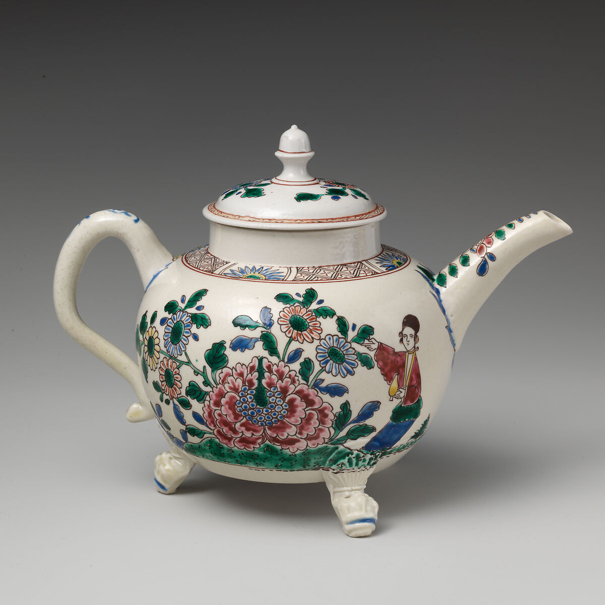 Footed teapot, Salt-glazed stoneware with enamel decoration, British, Staffordshire