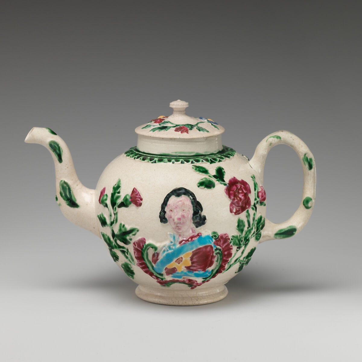 Teapot with portrait of the Young Pretender, Prince Charles Edward Stuart (1720–1788), Salt-glazed stoneware with enamel decoration, British, Staffordshire 