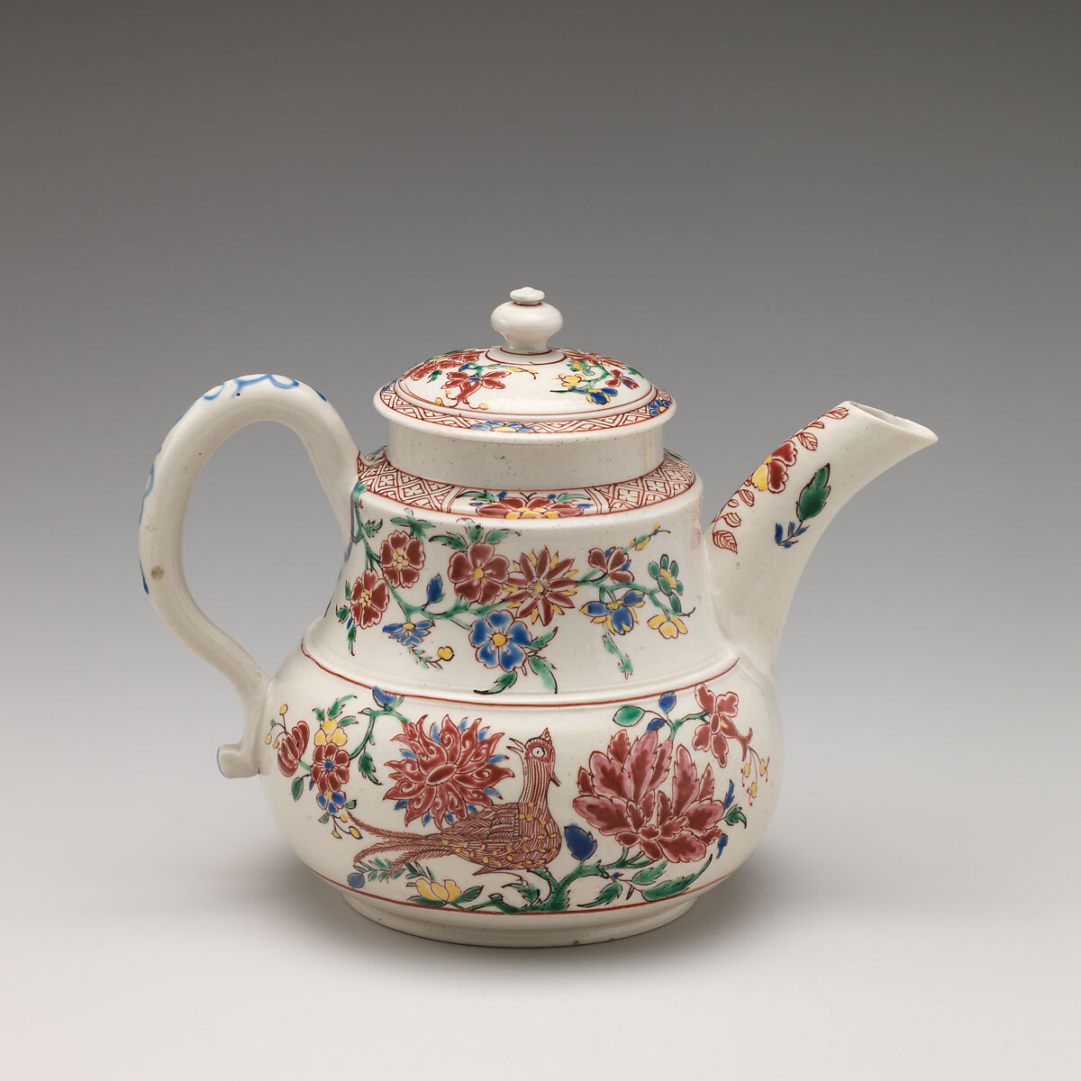 Teapot, Salt-glazed stoneware with enamel decoration, British, Staffordshire