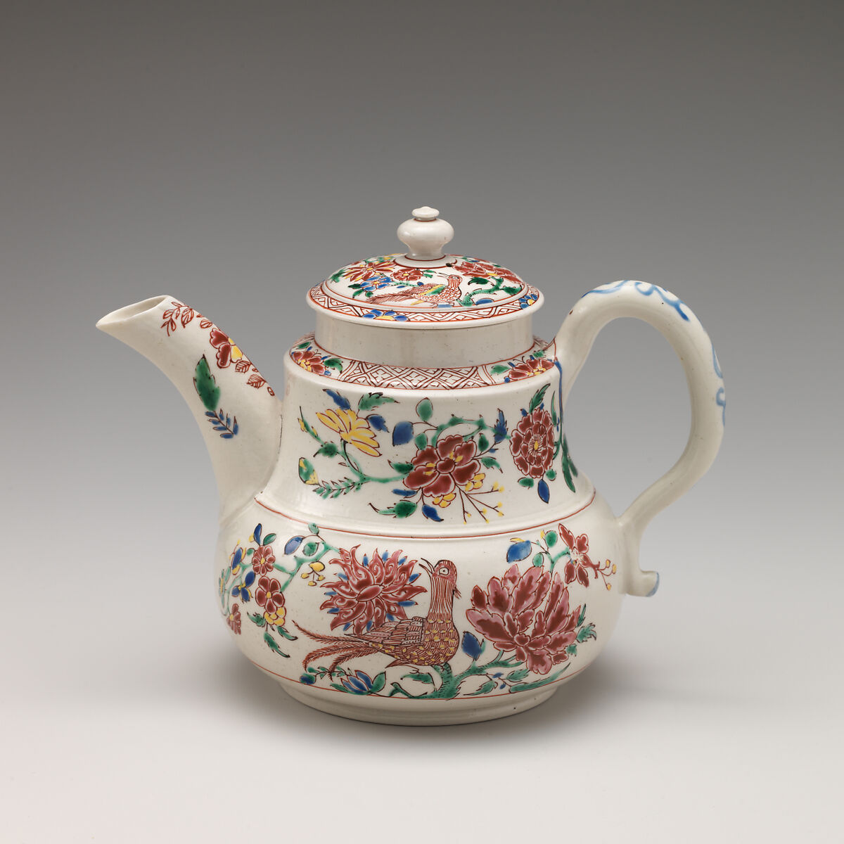 Teapot, Salt-glazed stoneware with enamel decoration, British, Staffordshire 