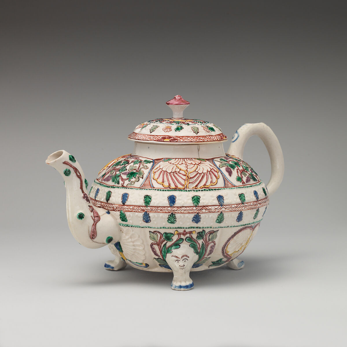 Footed teapot, Salt-glazed stoneware with enamel decoration, British, Staffordshire