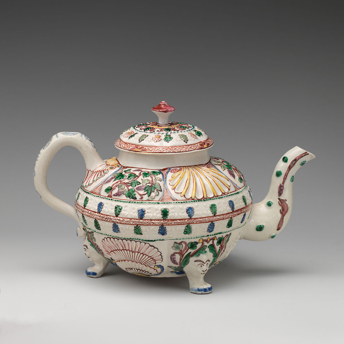 Footed teapot, Salt-glazed stoneware with enamel decoration, British, Staffordshire