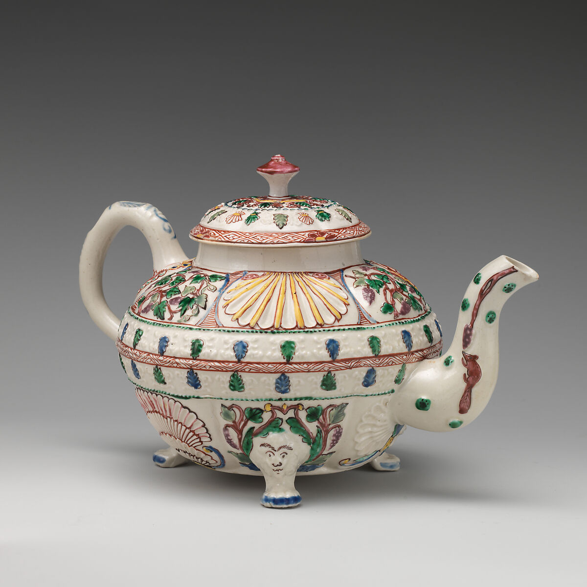 Footed teapot, Salt-glazed stoneware with enamel decoration, British, Staffordshire