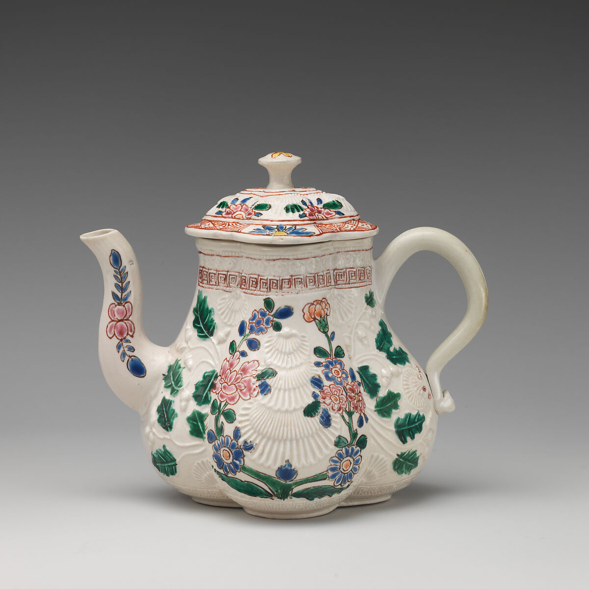 Teapot, Salt-glazed stoneware with enamel decoration, British, Staffordshire 