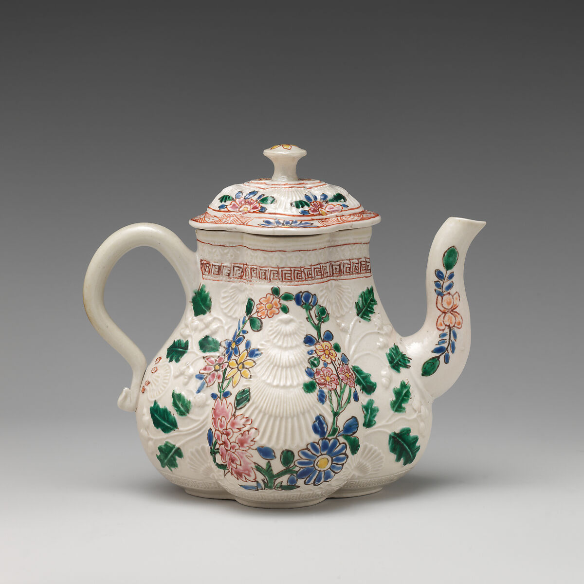 Teapot, Salt-glazed stoneware with enamel decoration, British, Staffordshire