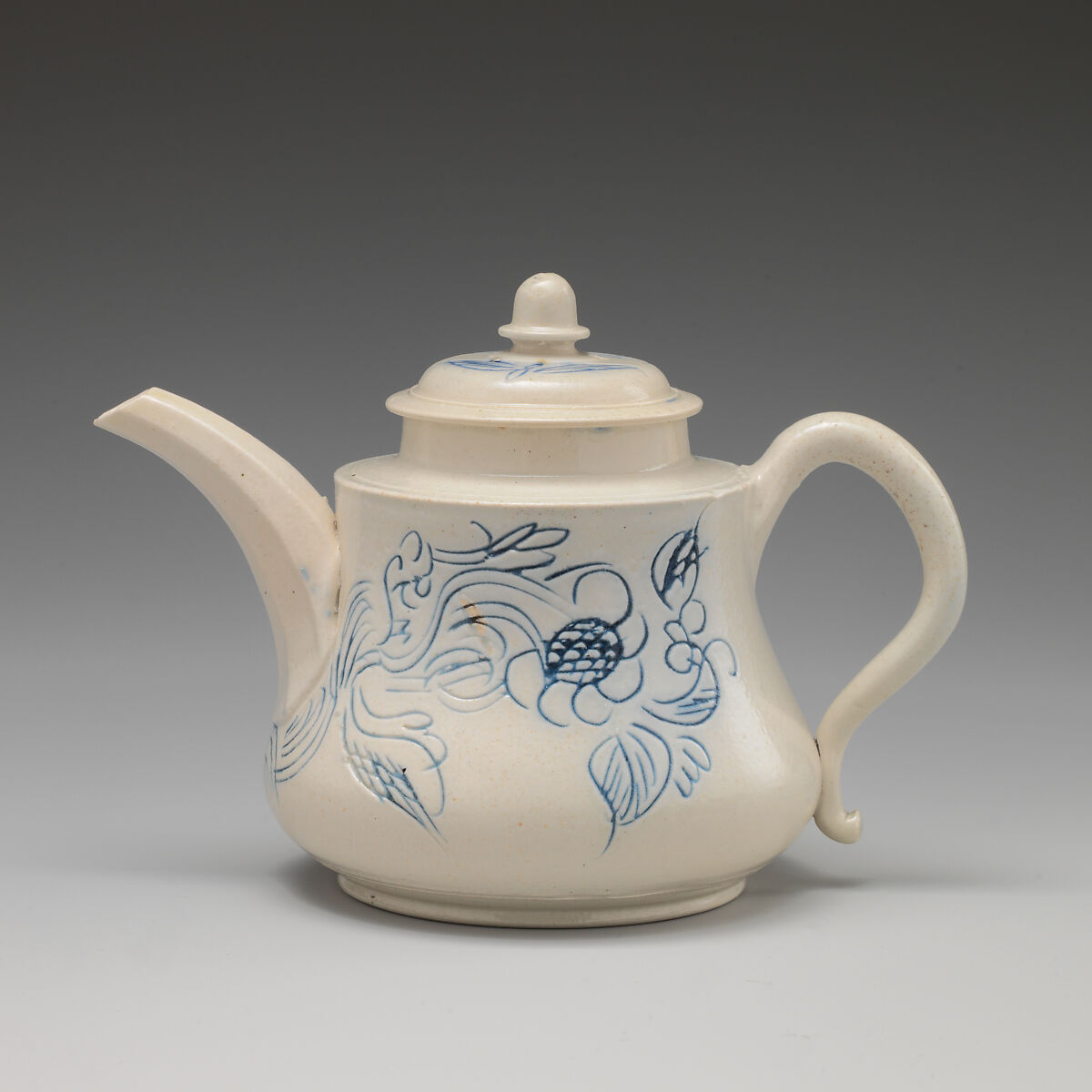 Teapot, Salt-glazed stoneware with underglaze “scratch blue” decoration, British, Staffordshire 