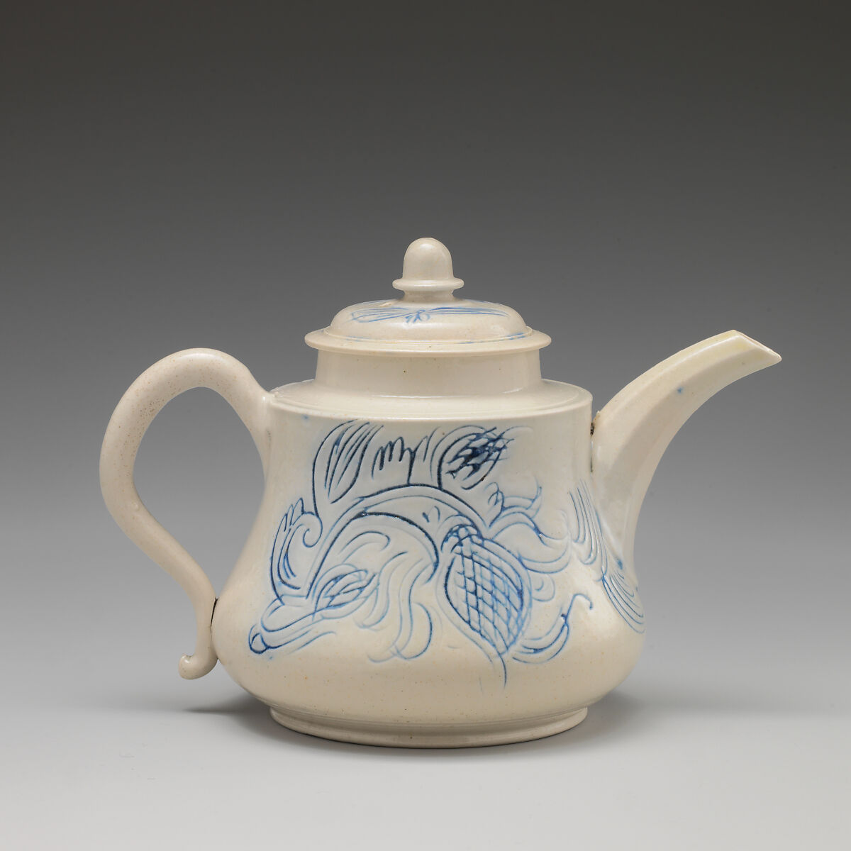 Teapot, Salt-glazed stoneware with underglaze “scratch blue” decoration, British, Staffordshire
