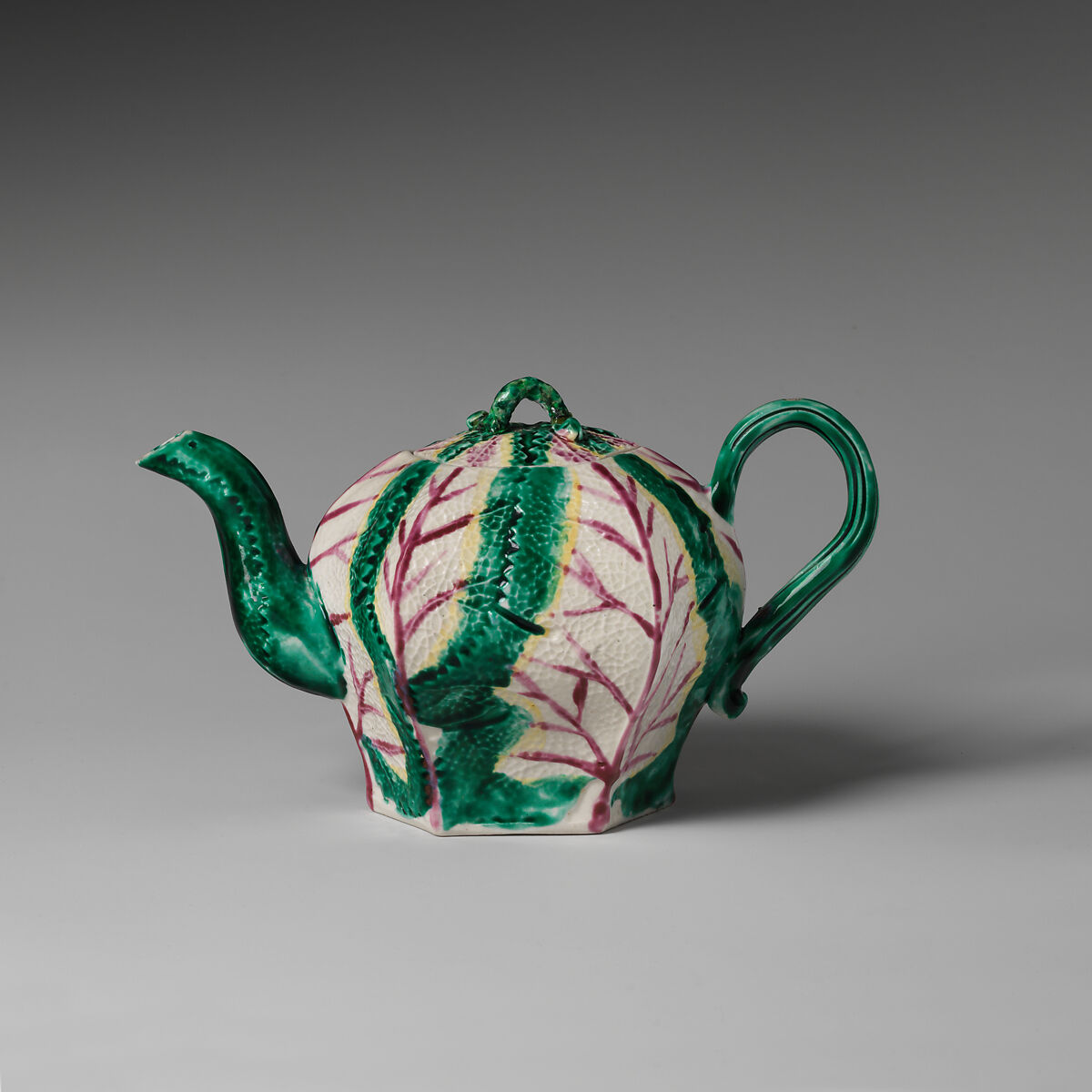 Teapot in the form of a cabbage, Salt-glazed stoneware with enamel decoration, British, Staffordshire 