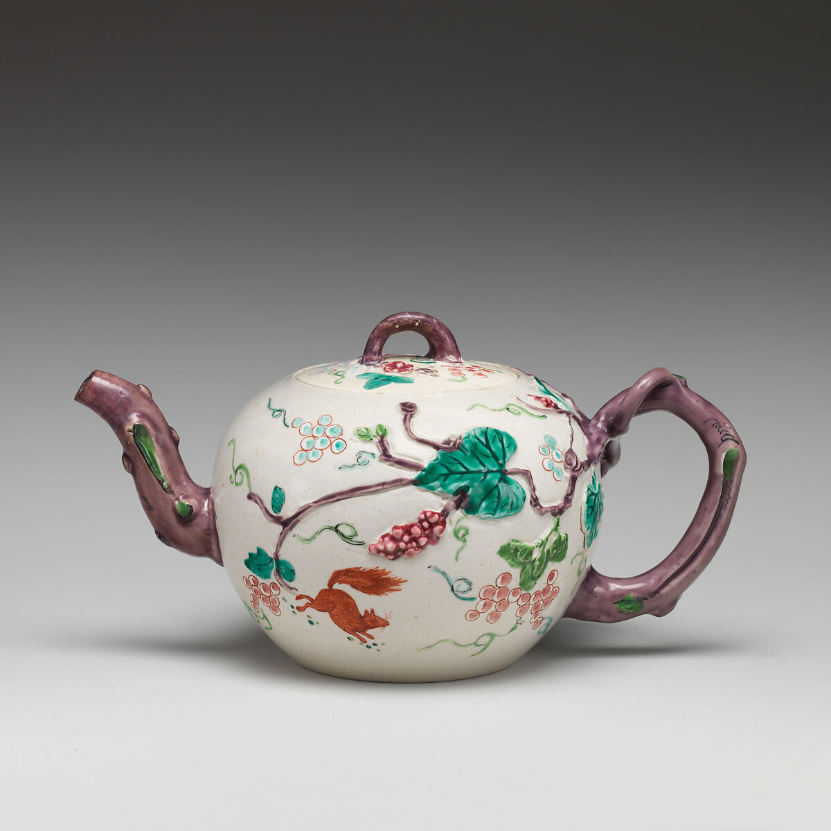 Teapot, Salt-glazed stoneware with enamel decoration, British, Staffordshire 