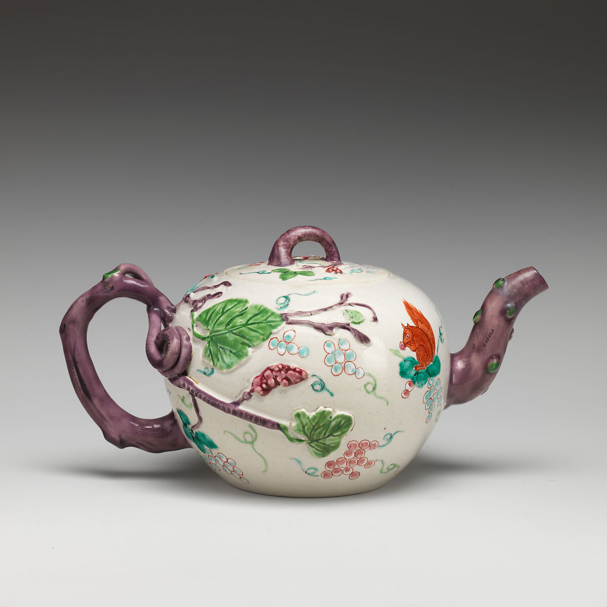 Teapot, Salt-glazed stoneware with enamel decoration, British, Staffordshire