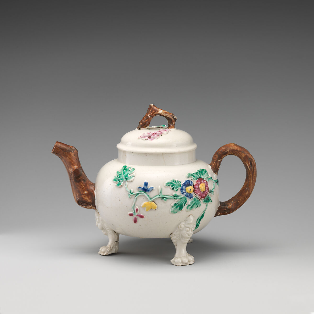 Footed teapot, Salt-glazed stoneware with enamel decoration, British, Staffordshire 