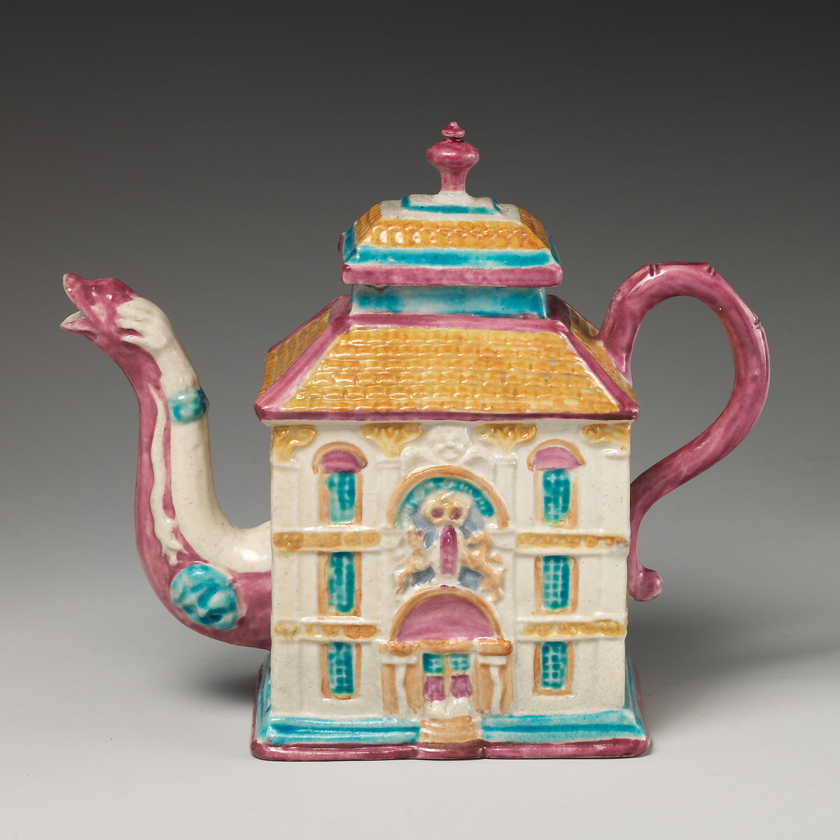 Teapot in the form of a house, Salt-glazed stoneware with enamel decoration, British, Staffordshire