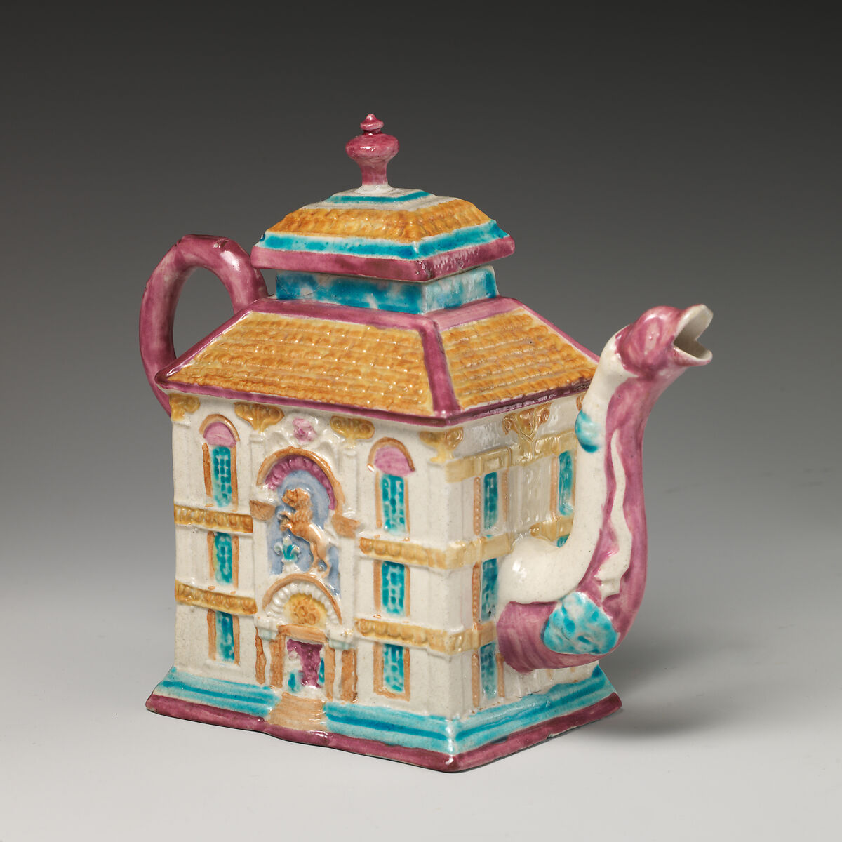 Teapot in the form of a house, Salt-glazed stoneware with enamel decoration, British, Staffordshire