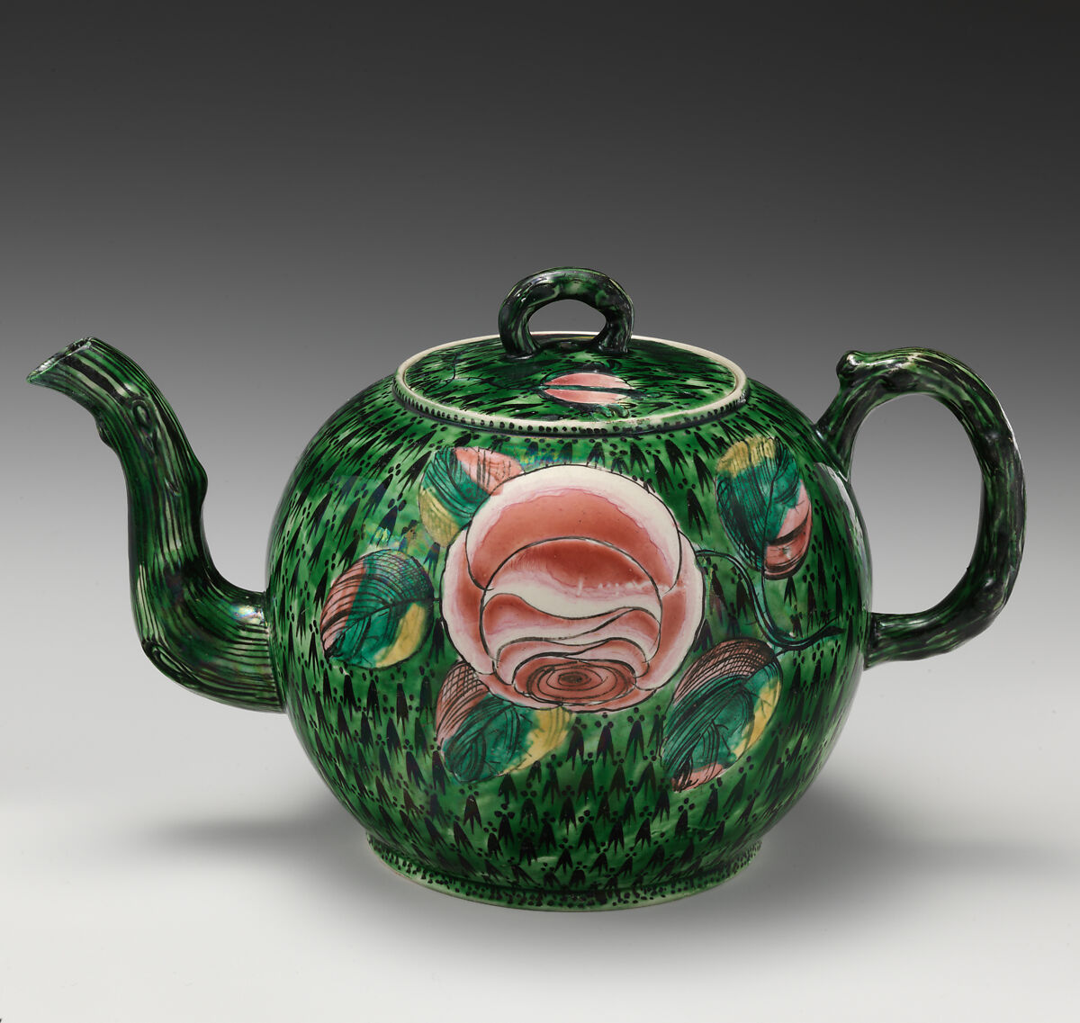 Teapot, Salt-glazed stoneware with enamel decoration, British, Staffordshire 