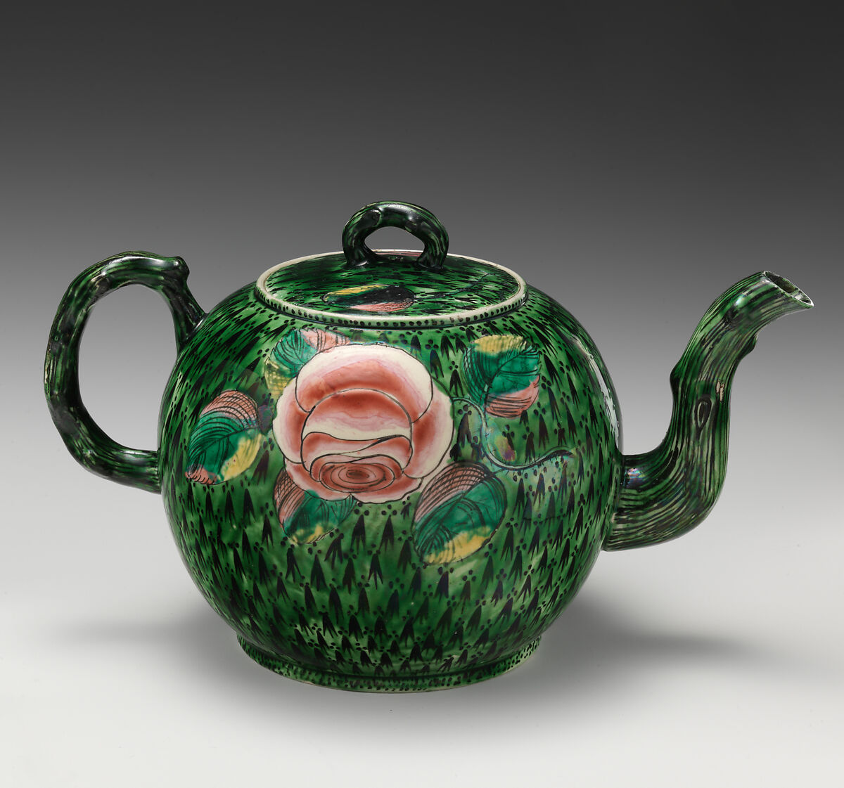 Teapot, Salt-glazed stoneware with enamel decoration, British, Staffordshire