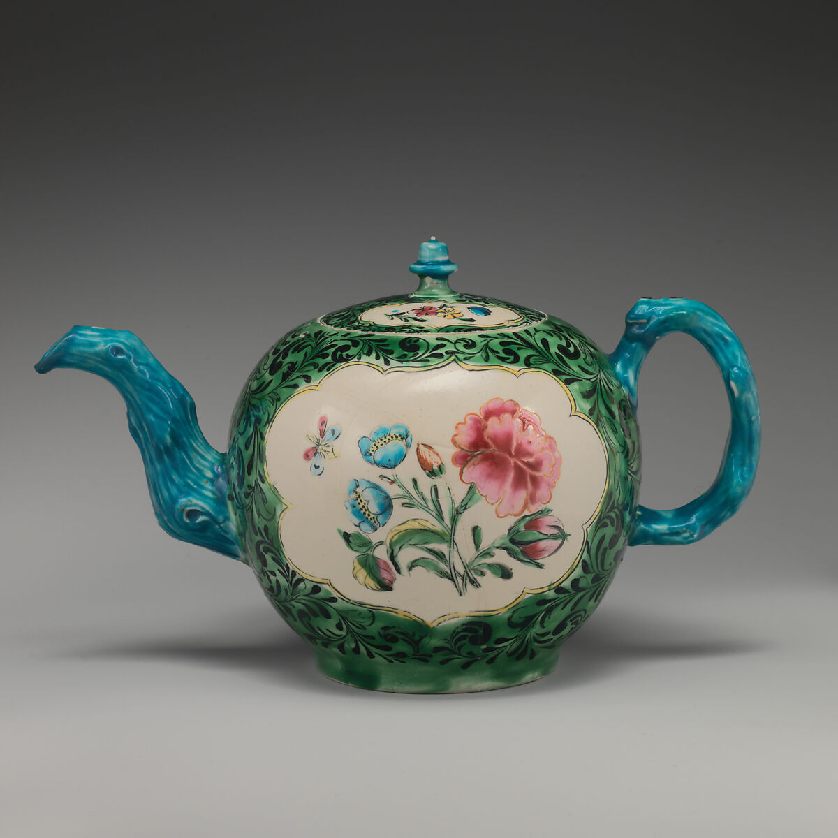 Teapot, Salt-glazed stoneware with enamel decoration, British, Staffordshire 