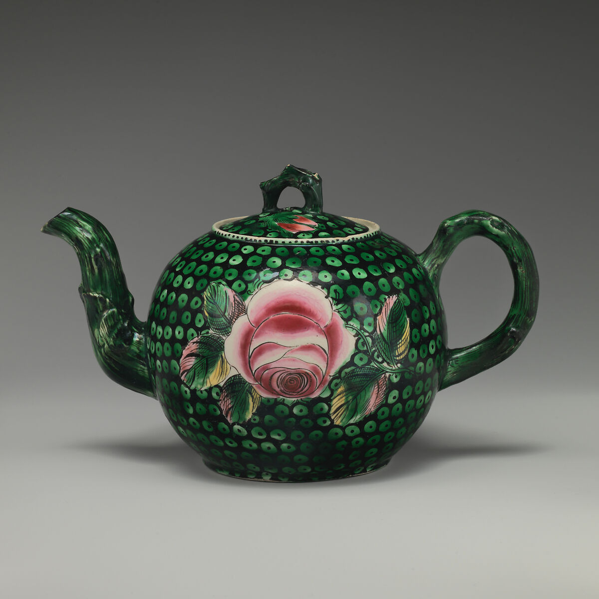 Teapot, Salt-glazed stoneware with enamel decoration, British, Staffordshire 