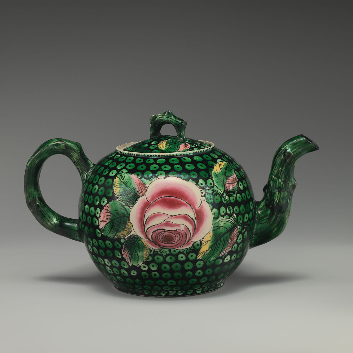 Teapot, Salt-glazed stoneware with enamel decoration, British, Staffordshire