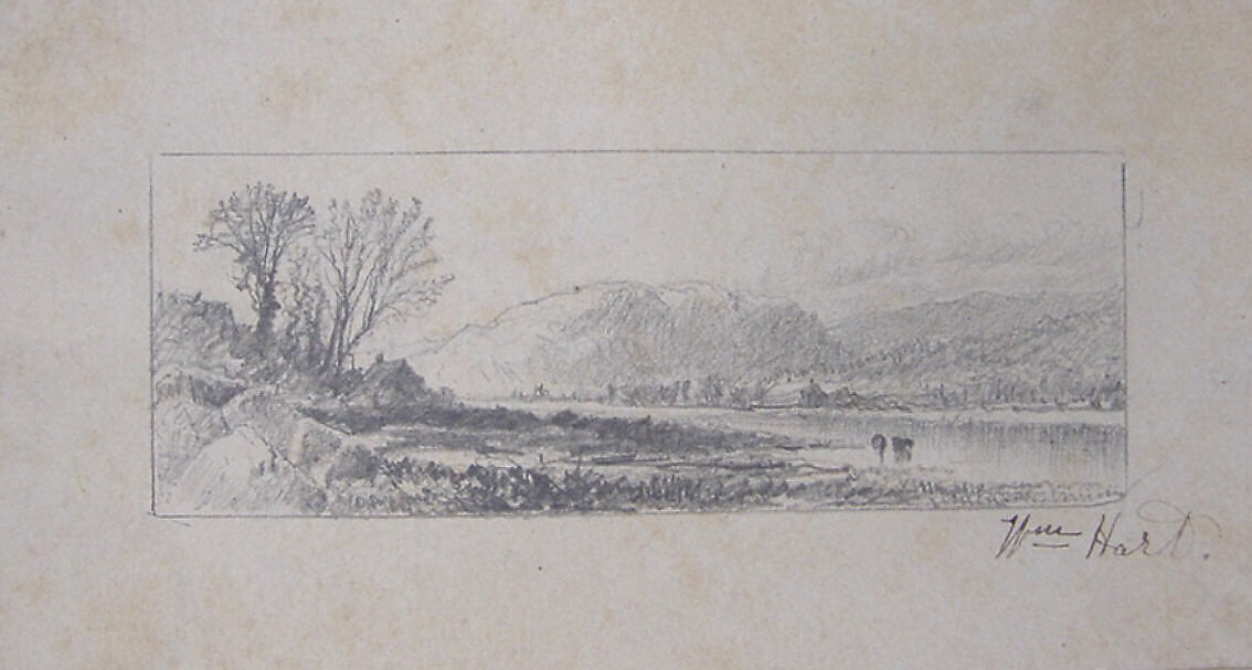 Landscape sketch, James M. Hart (American (born Scotland), Kilmarnock 1828–1901 New York), Graphite with ruled graphite border on wove paper, American 
