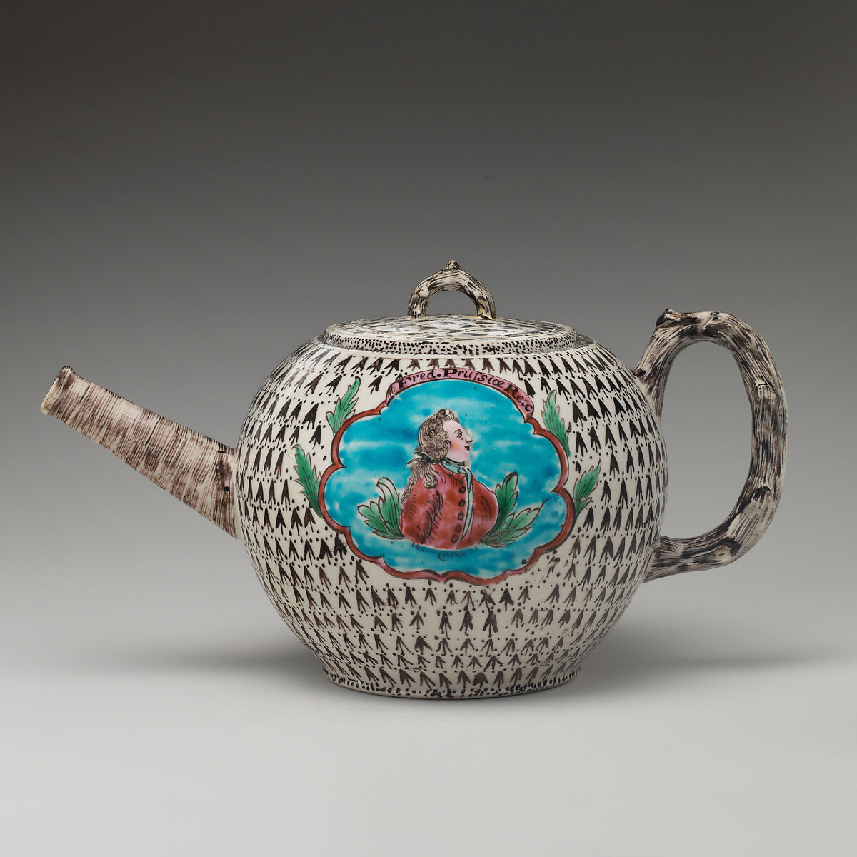 Teapot with portrait of Frederick the Great of Prussia (1712–1786), Salt-glazed stoneware with enamel decoration, British, Staffordshire 