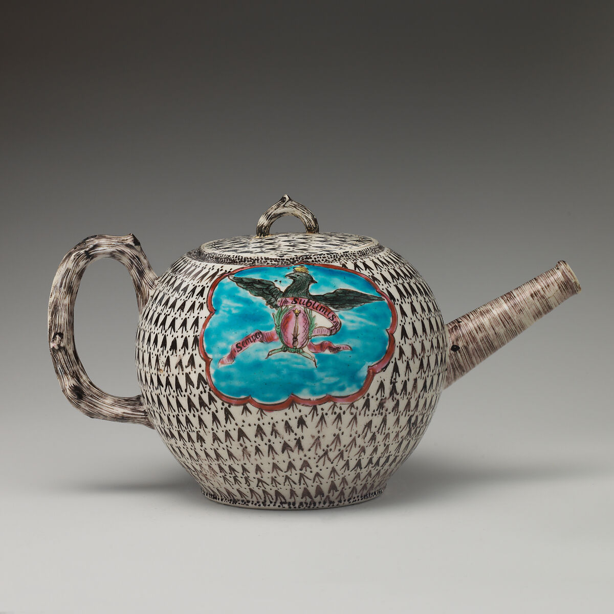 Teapot with portrait of Frederick the Great of Prussia (1712–1786), Salt-glazed stoneware with enamel decoration, British, Staffordshire