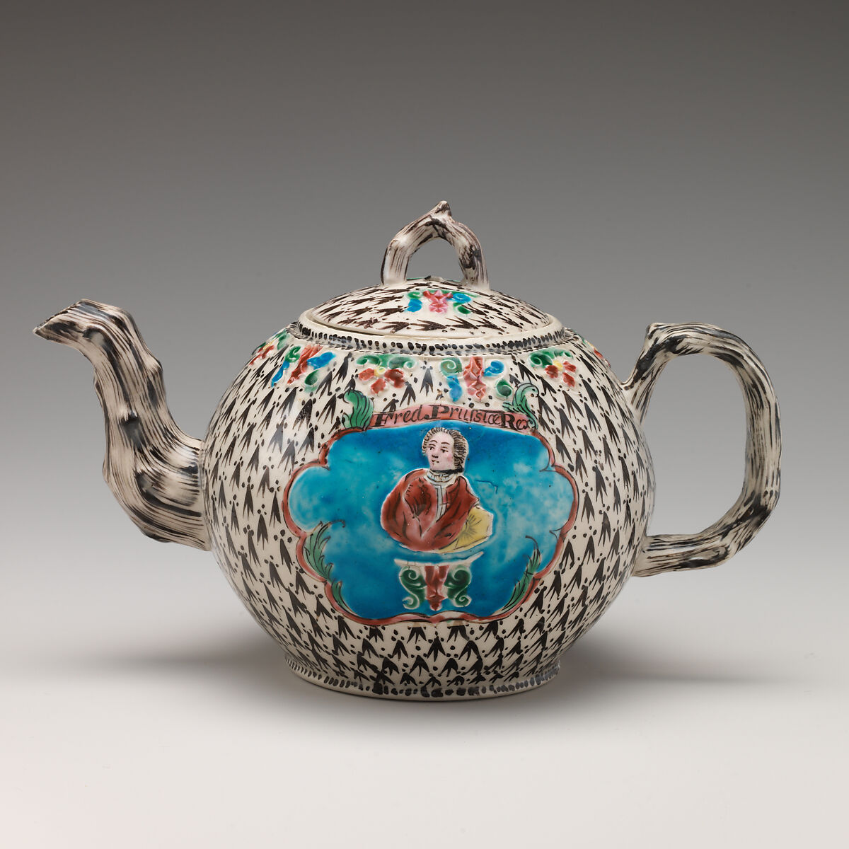 Teapot with portrait of Frederick the Great of Prussia (1712–1786), Salt-glazed stoneware with enamel decoration, British, Staffordshire 